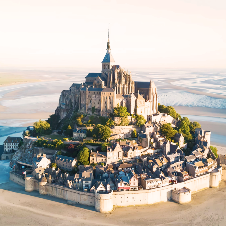 Mont Saint-Michel, îlot médiéval avec abbaye, entouré de marées.