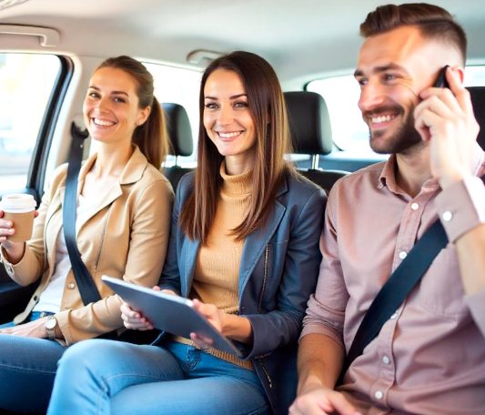 Trois personnes souriantes assises à l'arrière d'une voiture, avec des boissons et une tablette.