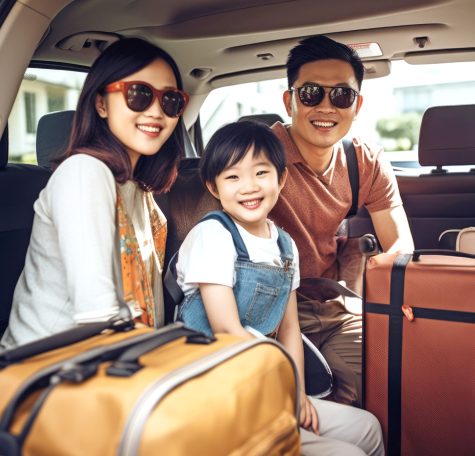 Famille souriante avec des bagages dans une voiture.