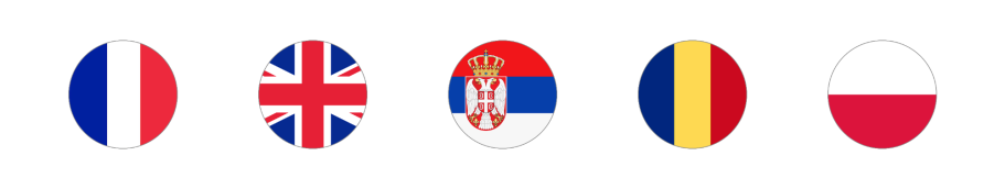 Drapeaux de la France, du Royaume-Uni, de la Serbie, de la Roumanie et de la Pologne.
