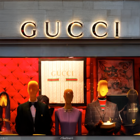 Vitrine de magasin Gucci avec des mannequins portant des vêtements élégants.